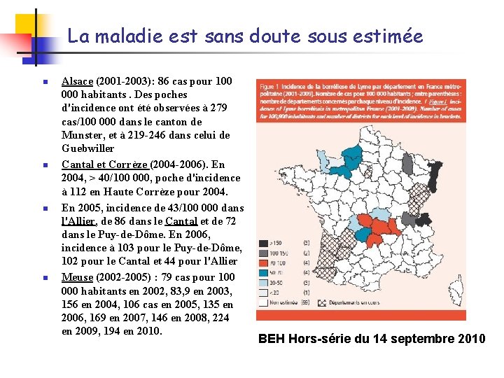 La maladie est sans doute sous estimée n n Alsace (2001 -2003): 86 cas