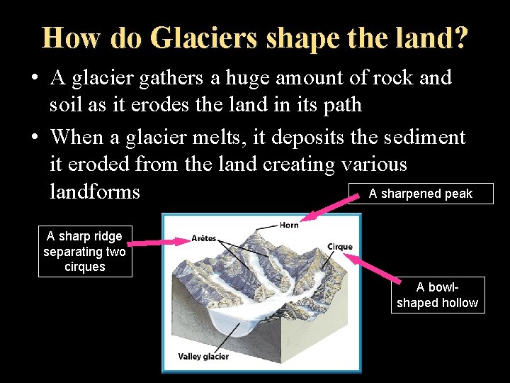 How do Glaciers shape the land? • A glacier gathers a huge amount of