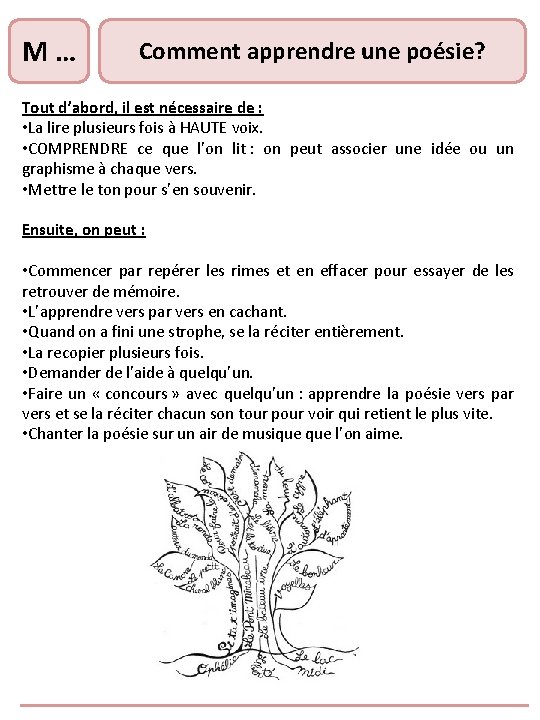 M … Comment apprendre une poésie? Tout d’abord, il est nécessaire de : • M … Comment apprendre une poésie? Tout d’abord, il est nécessaire de : •