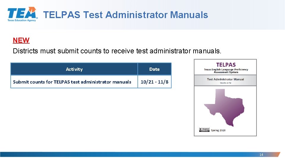 TELPAS Test Administrator Manuals NEW Districts must submit counts to receive test administrator manuals.