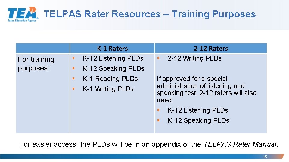 TELPAS Rater Resources – Training Purposes K-1 Raters For training purposes: § K-12 Listening