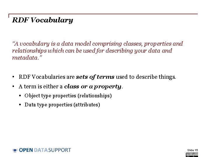 RDF Vocabulary “A vocabulary is a data model comprising classes, properties and relationships which