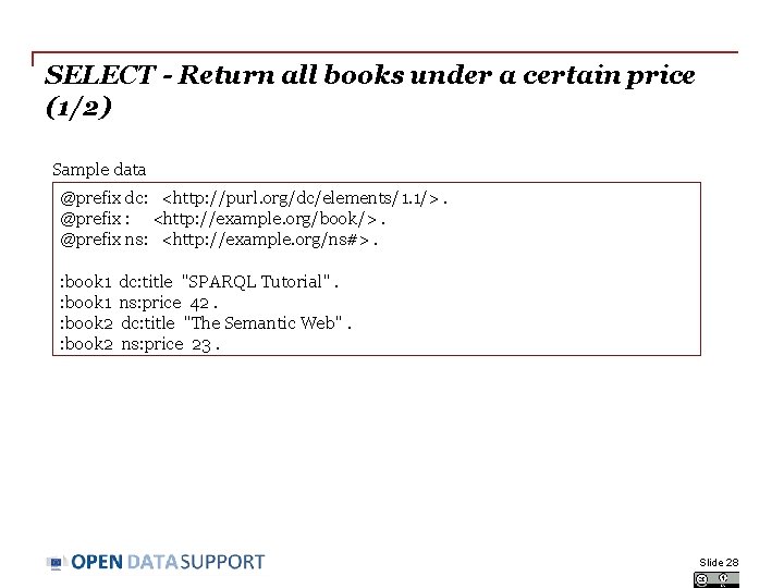 SELECT - Return all books under a certain price (1/2) Sample data @prefix dc: