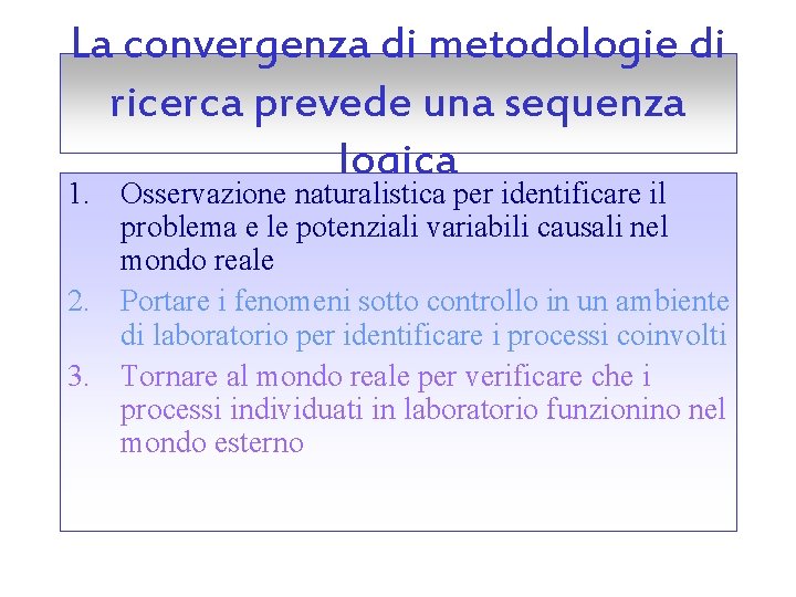 La convergenza di metodologie di ricerca prevede una sequenza logica 1. Osservazione naturalistica per