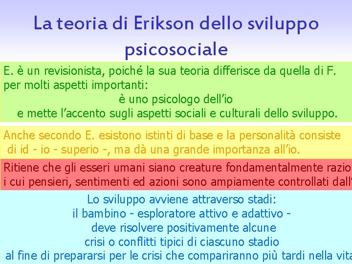 La teoria di Erikson dello sviluppo psicosociale E. è un revisionista, poiché la sua