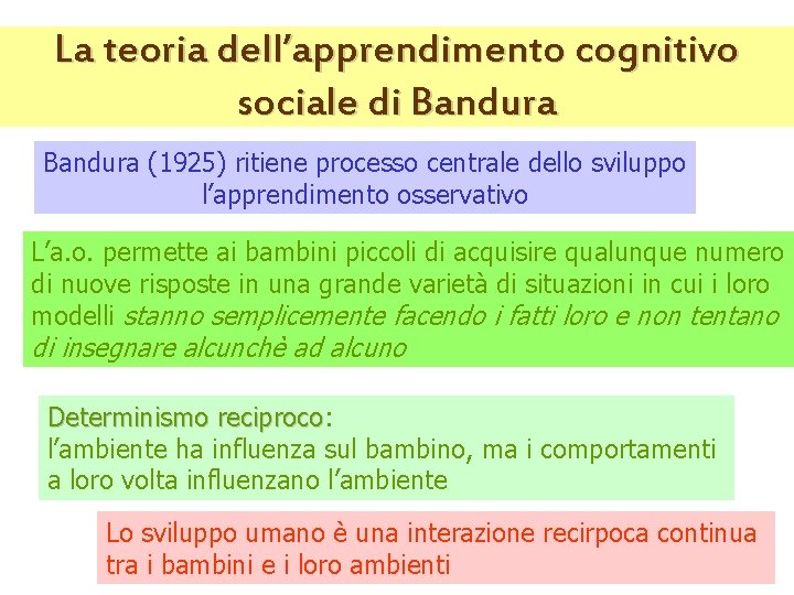 La teoria dell’apprendimento cognitivo sociale di Bandura (1925) ritiene processo centrale dello sviluppo l’apprendimento