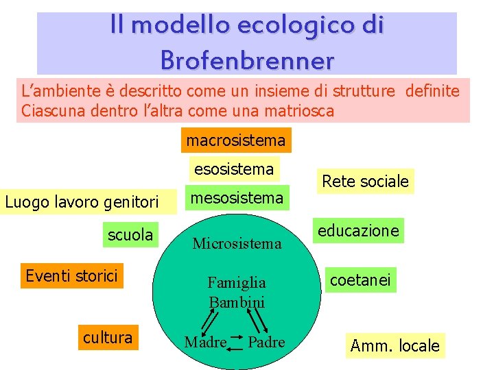 Il modello ecologico di Brofenbrenner L’ambiente è descritto come un insieme di strutture definite