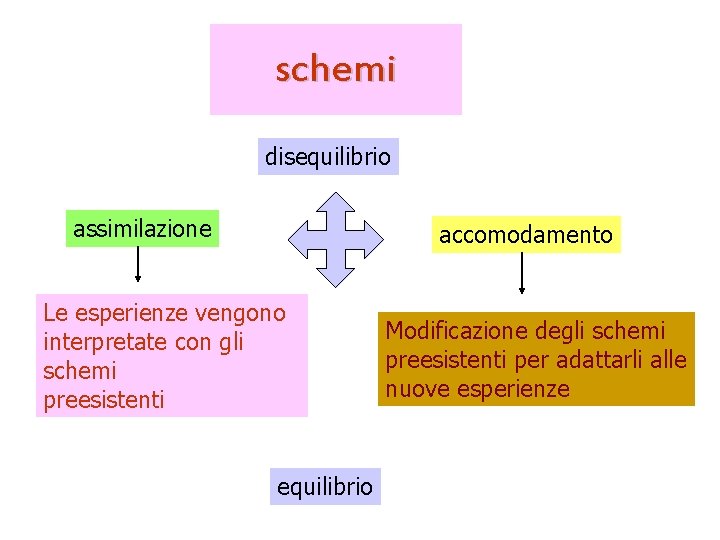 schemi disequilibrio assimilazione accomodamento Le esperienze vengono interpretate con gli schemi preesistenti equilibrio Modificazione