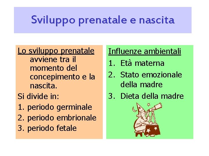 Sviluppo prenatale e nascita Lo sviluppo prenatale avviene tra il momento del concepimento e