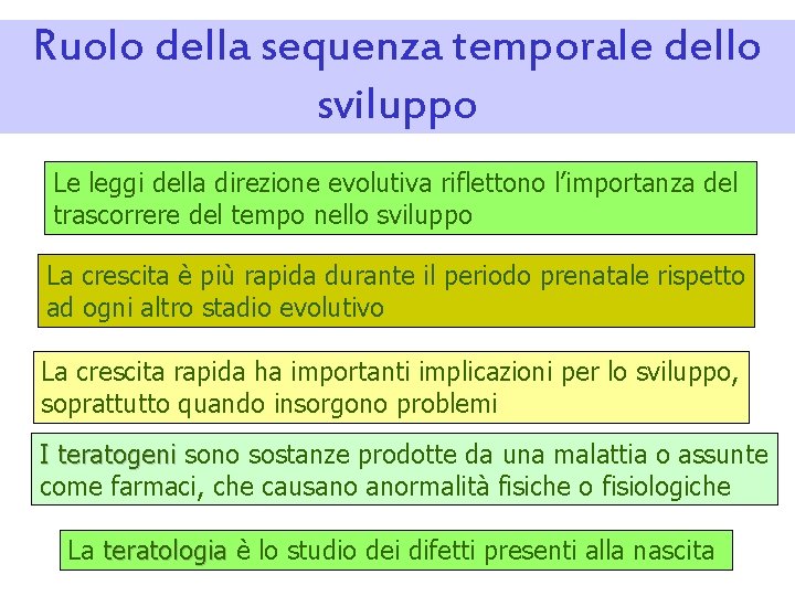 Ruolo della sequenza temporale dello sviluppo Le leggi della direzione evolutiva riflettono l’importanza del