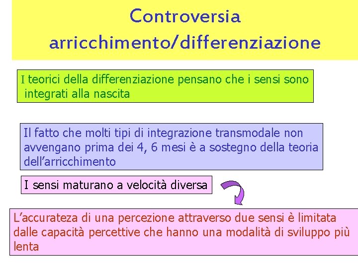 Controversia arricchimento/differenziazione I teorici della differenziazione pensano che i sensi sono integrati alla nascita