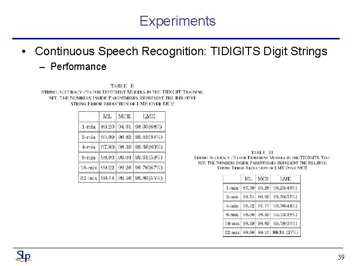 Experiments • Continuous Speech Recognition: TIDIGITS Digit Strings – Performance 39 