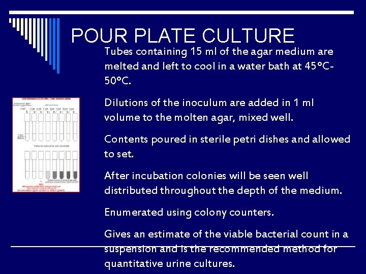 POUR PLATE CULTURE Tubes containing 15 ml of the agar medium are melted and