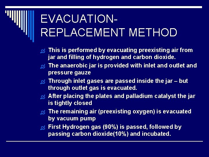 EVACUATIONREPLACEMENT METHOD This is performed by evacuating preexisting air from jar and filling of