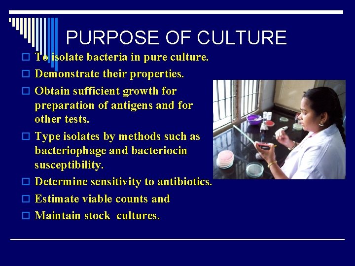 PURPOSE OF CULTURE o To isolate bacteria in pure culture. o Demonstrate their properties.