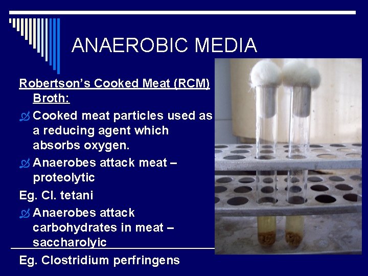 ANAEROBIC MEDIA Robertson’s Cooked Meat (RCM) Broth: Cooked meat particles used as a reducing