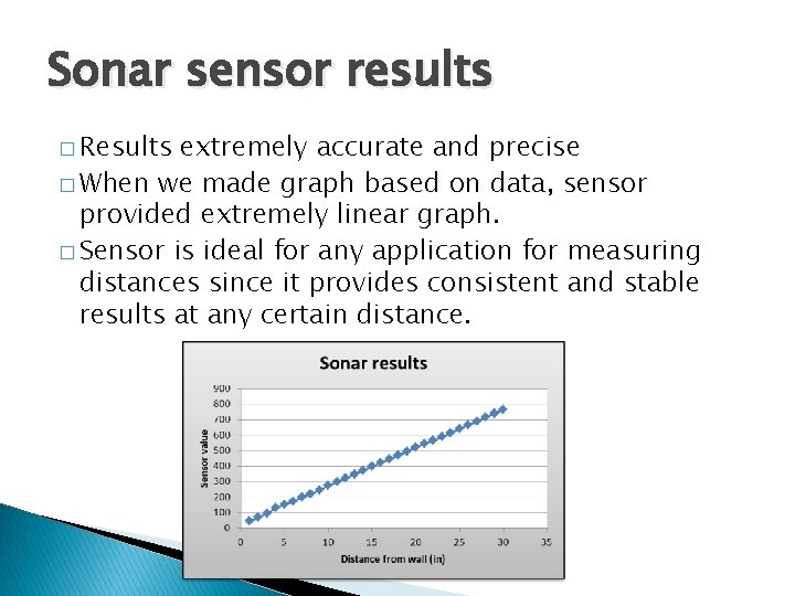 Sonar sensor results � Results extremely accurate and precise � When we made graph
