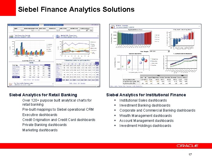 Siebel Finance Analytics Solutions Siebel Analytics for Retail Banking § Over 120+ purpose built Siebel Finance Analytics Solutions Siebel Analytics for Retail Banking § Over 120+ purpose built