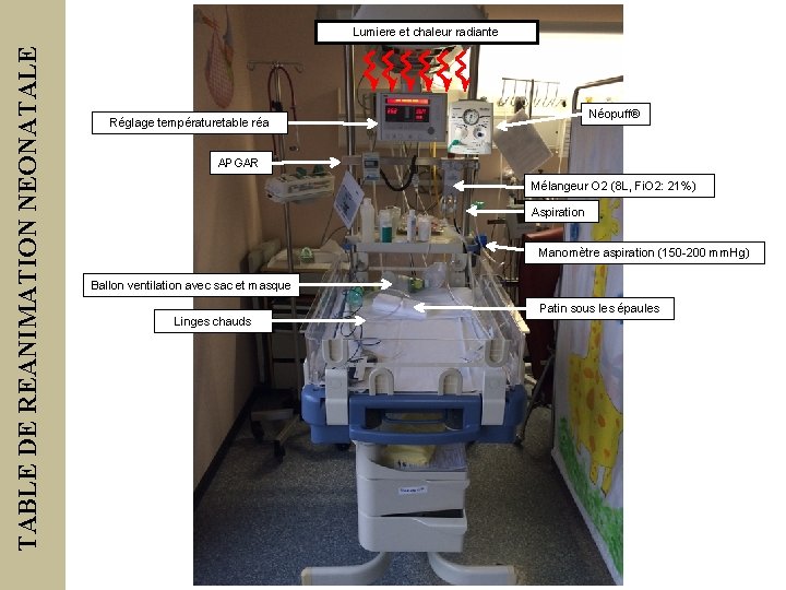 TABLE DE REANIMATION NEONATALE Lumiere et chaleur radiante Néopuff® Réglage températuretable réa APGAR Mélangeur