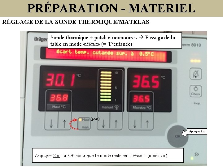 PRÉPARATION - MATERIEL TABLE DE REANIMATION RÉGLAGE DE LA SONDE THERMIQUE/MATELAS RÉGLAGE DE LA