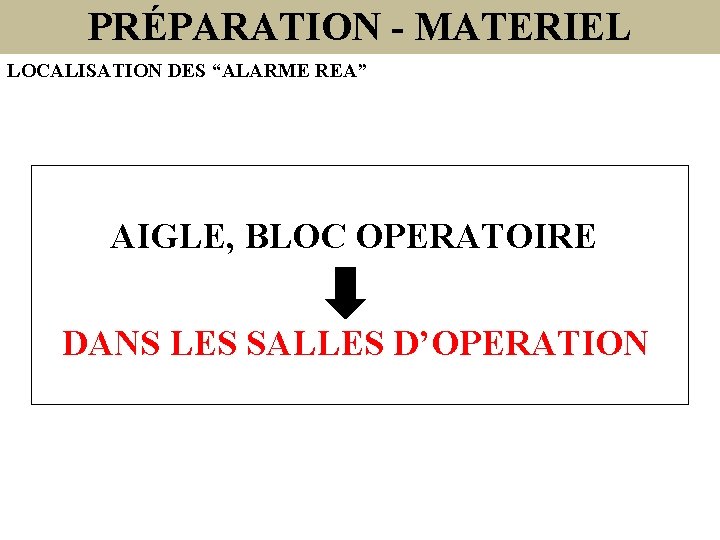 PRÉPARATION - MATERIEL LOCALISATION DES “ALARME REA” AIGLE, BLOC OPERATOIRE LES BOUTONS DE REA