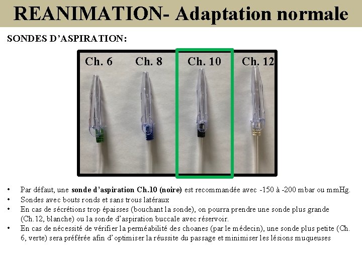 REANIMATION- Adaptation normale SONDES D’ASPIRATION: Ch. 6 • • Ch. 8 Ch. 10 Ch.