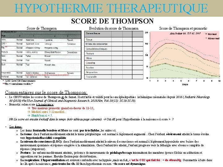 HYPOTHERMIE THERAPEUTIQUE SCORE DE THOMPSON Score de Thompson Evolution du score de Thompson Score