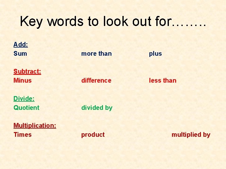 Key words to look out for……. . Add: Sum more than plus Subtract: Minus Key words to look out for……. . Add: Sum more than plus Subtract: Minus