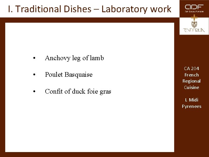 I. Traditional Dishes – Laboratory work • Anchovy leg of lamb • Poulet Basquaise