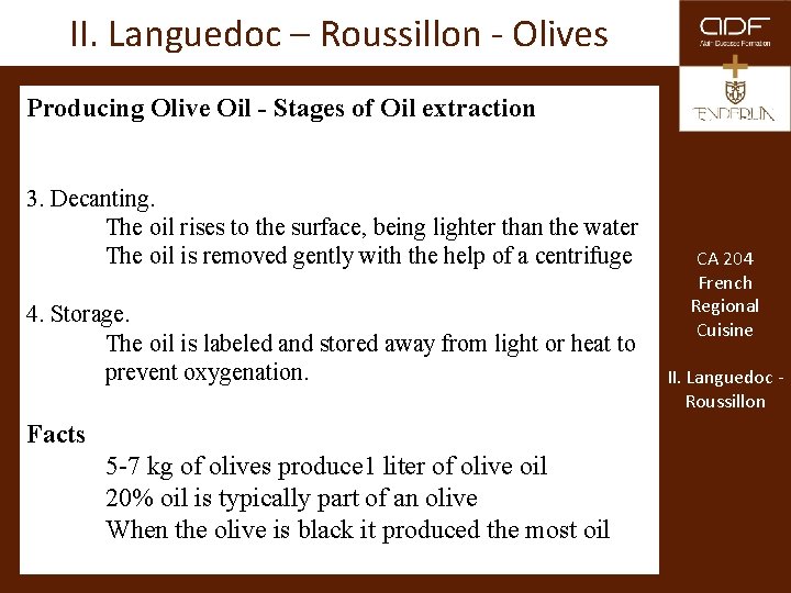 II. Languedoc – Roussillon - Olives Producing Olive Oil - Stages of Oil extraction