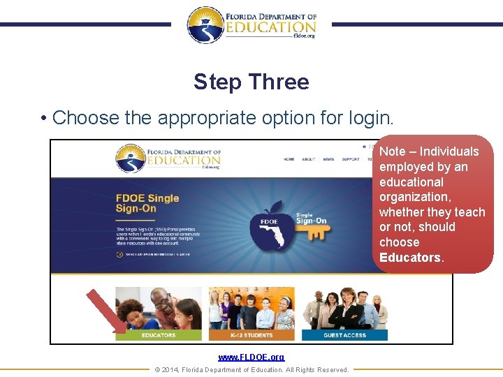 Step Three • Choose the appropriate option for login. Note – Individuals employed by