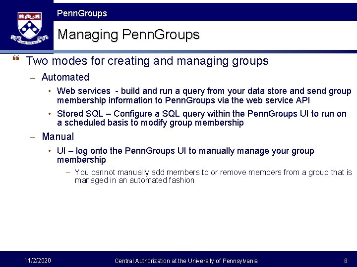 The Fast Framework Penn. Groups Managing Penn. Groups } Two modes for creating and