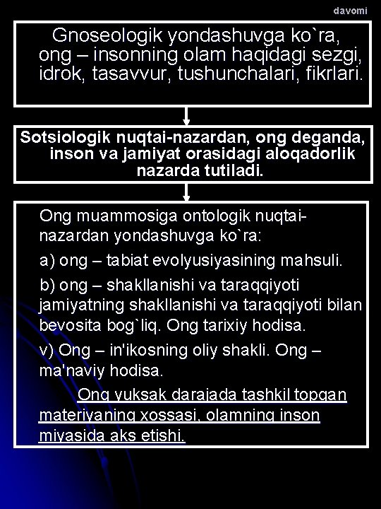 davomi Gnoseologik yondashuvga ko`ra, ong – insonning olam haqidagi sezgi, idrok, tasavvur, tushunchalari, fikrlari.