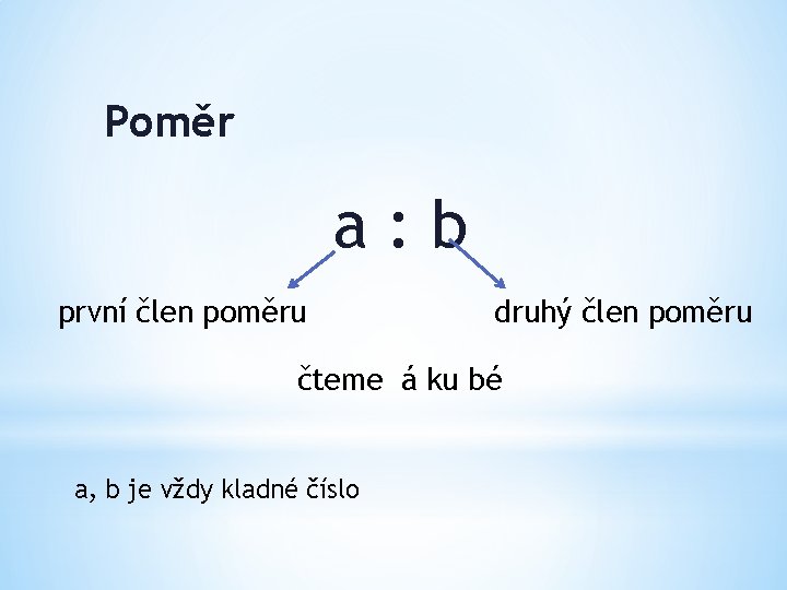 Poměr a: b první člen poměru druhý člen poměru čteme á ku bé a,