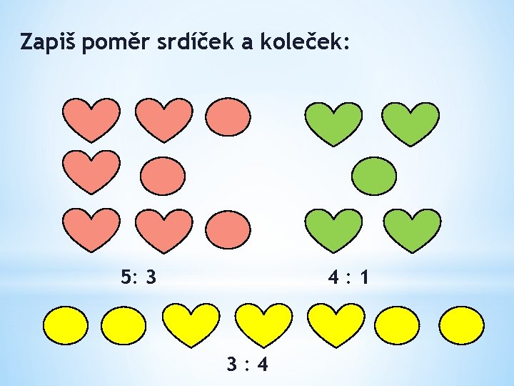 Zapiš poměr srdíček a koleček: 5: 3 4: 1 3: 4 