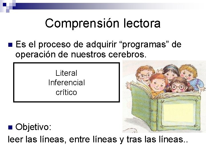 Comprensión lectora n Es el proceso de adquirir “programas” de operación de nuestros cerebros.