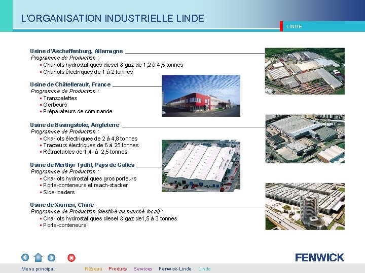 L'ORGANISATION INDUSTRIELLE LINDE Usine d’Aschaffenburg, Allemagne Programme de Production : § Chariots hydrostatiques diesel