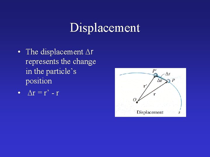 Displacement • The displacement Dr represents the change in the particle’s position • Dr