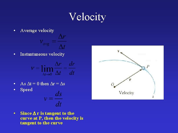 Velocity • Average velocity • Instantaneous velocity • As Dt = 0 then Dr