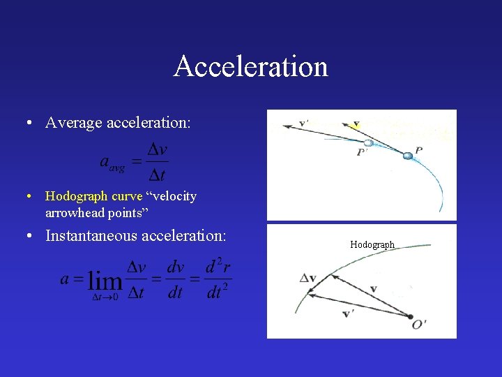 Acceleration • Average acceleration: • Hodograph curve “velocity arrowhead points” • Instantaneous acceleration: Hodograph