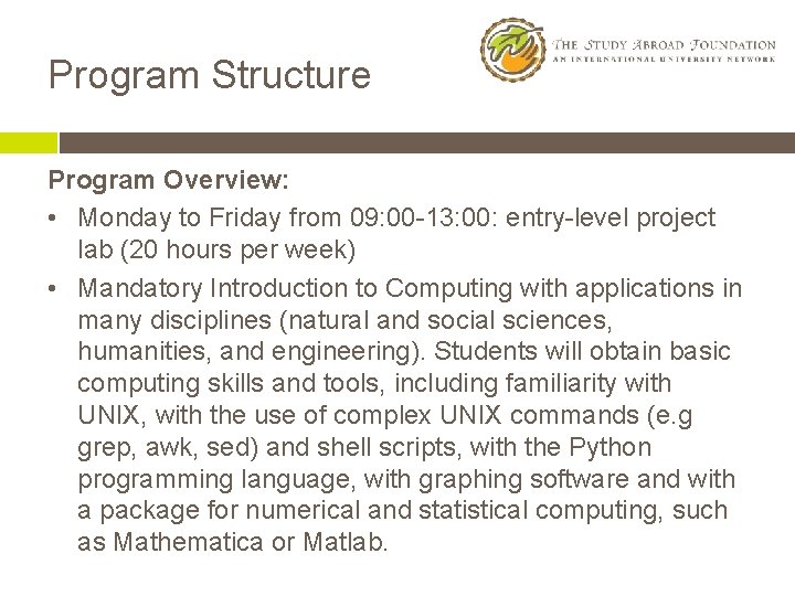 Program Structure Program Overview: • Monday to Friday from 09: 00 -13: 00: entry-level