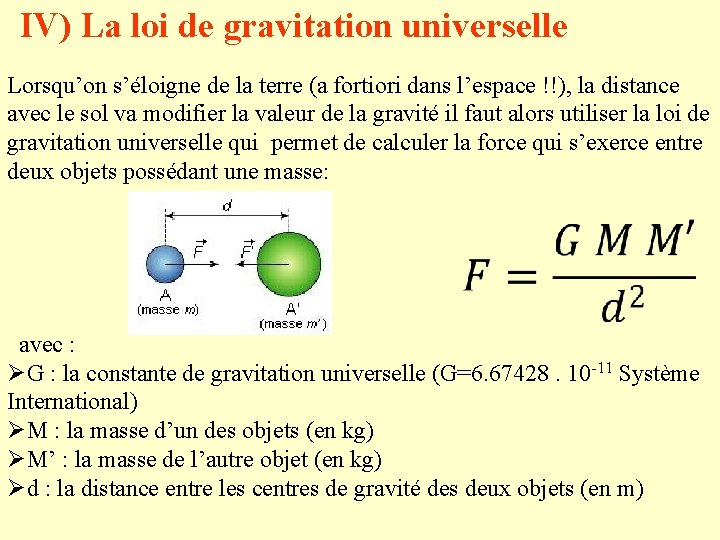 IV) La loi de gravitation universelle Lorsqu’on s’éloigne de la terre (a fortiori dans