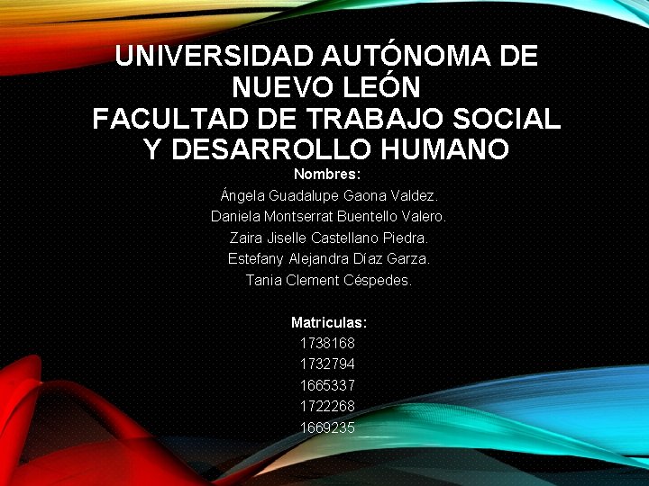 UNIVERSIDAD AUTÓNOMA DE NUEVO LEÓN FACULTAD DE TRABAJO SOCIAL Y DESARROLLO HUMANO Nombres: Ángela