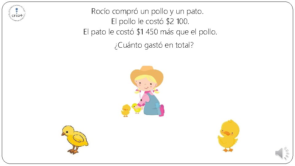 Rocío compró un pollo y un pato. El pollo le costó $2 100. El