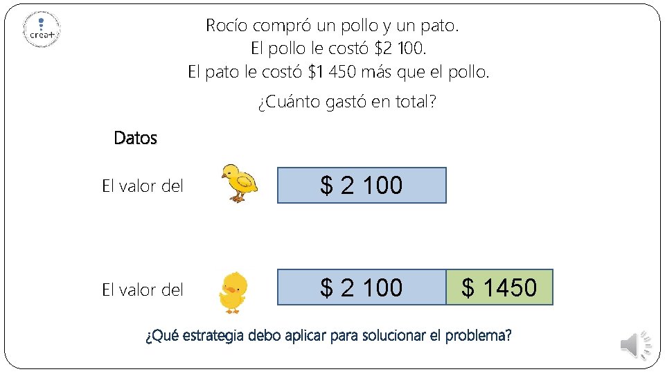 Rocío compró un pollo y un pato. El pollo le costó $2 100. El