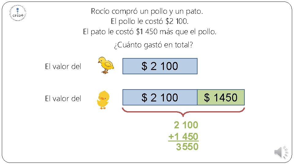 Rocío compró un pollo y un pato. El pollo le costó $2 100. El