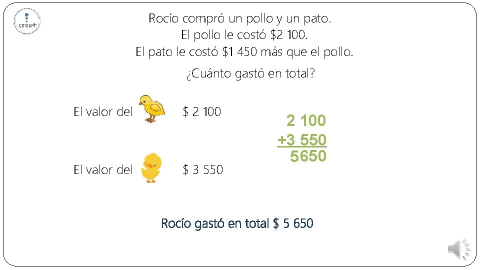 Rocío compró un pollo y un pato. El pollo le costó $2 100. El
