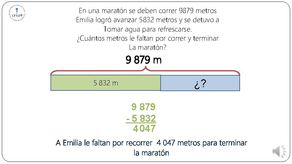 En una maratón se deben correr 9879 metros Emilia logró avanzar 5832 metros y