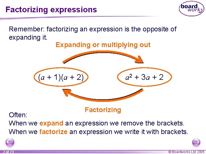 Factorizing expressions Remember: factorizing an expression is the opposite of expanding it. Expanding or