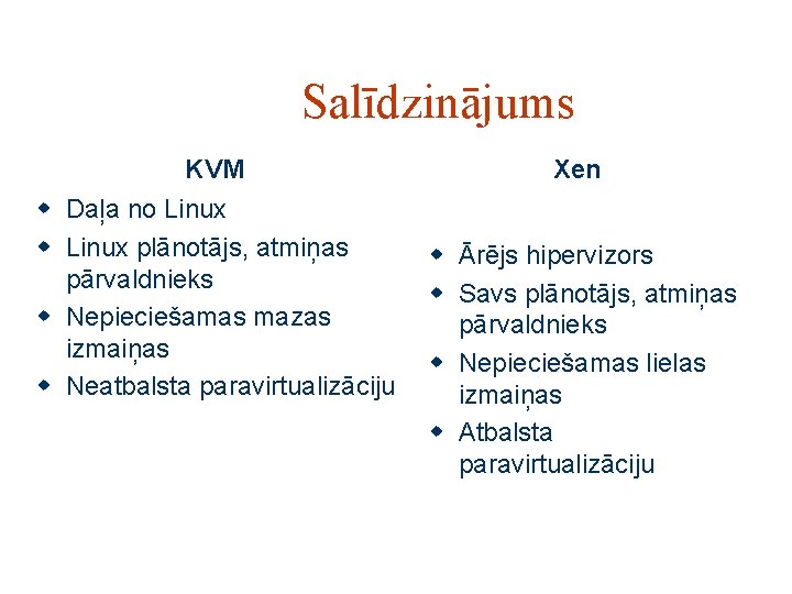 Salīdzinājums KVM w Daļa no Linux w Linux plānotājs, atmiņas pārvaldnieks w Nepieciešamas mazas